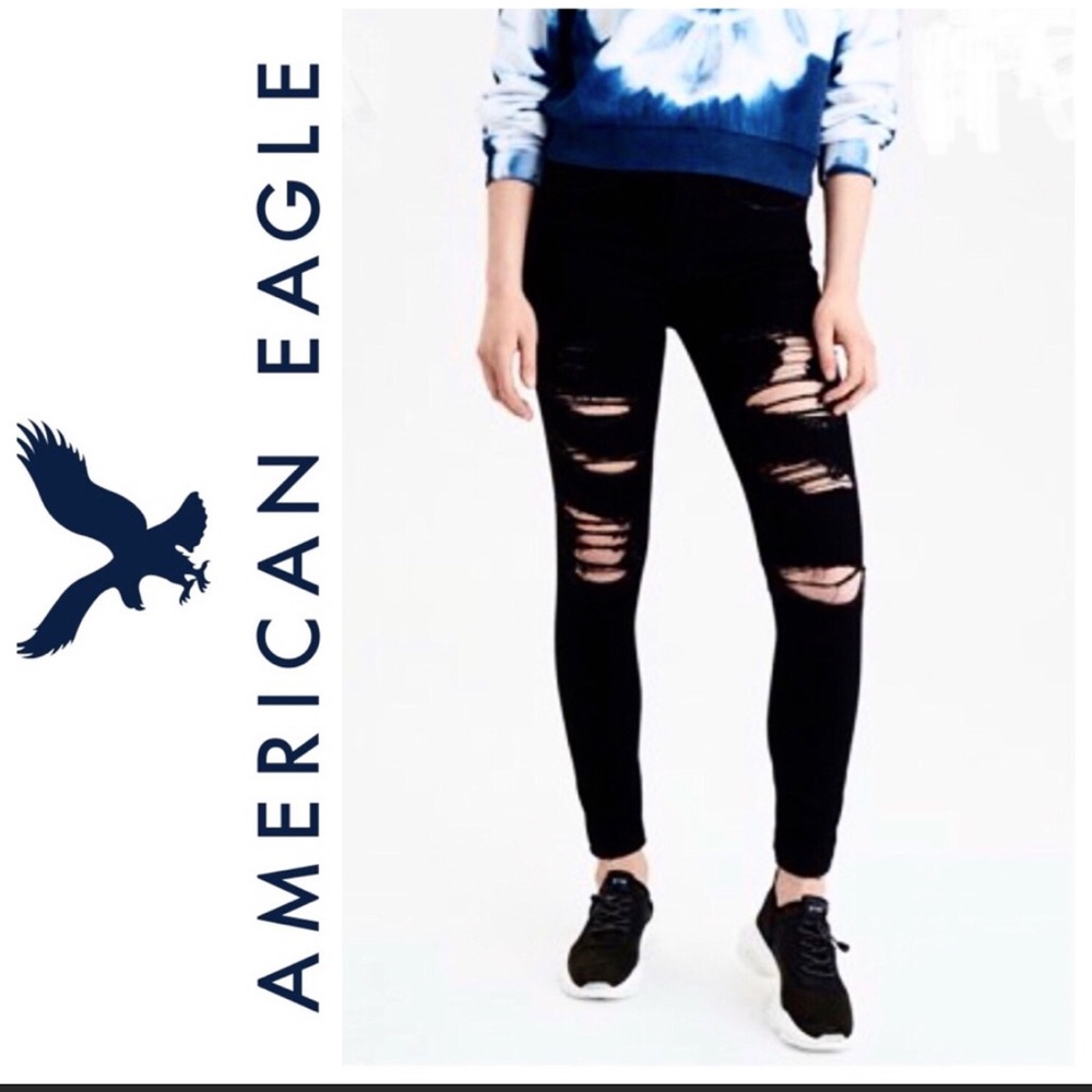 AE Hi-Rise Destroyed Jeggings Black 0 S